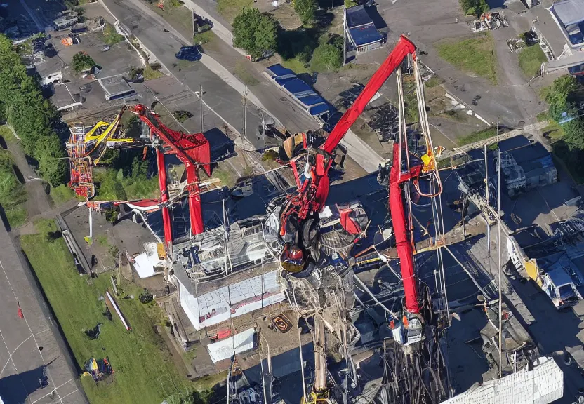 Prompt: Steeplejacks repair Megazord, high resolution photograph