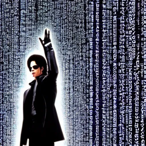 Prompt: Michael Jackson in the Matrix, raining codes background