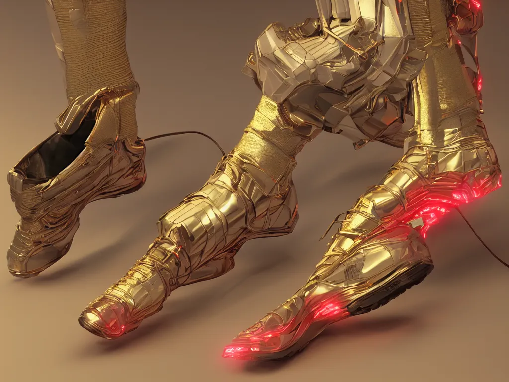 Image similar to realistic 3 d render of a cyberpunk android foot wearing sneakers, beautiful studio lighting, soft, sharp focus, neon cyberpunk highlights, intricate detail, gold and red accents, soft rubber, octane render, side view, close up, trending on artstation, deviantart, art by syd mead and issey miyake