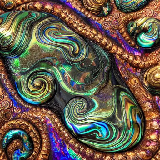 Prompt: mask, Art Nouveau cresting oil slick waves, hyperdetailed bubbles in a shiny iridescent oil slick wave, ammolite, dinosaur bone, detailed giant opalized ammonite shell, black opal, abalone, paua shell, ornate copper patina medieval ornament, rococo, organic rippling spirals, octane render, 8k 3D, druzy geode, cresting waves and seafoam, mask