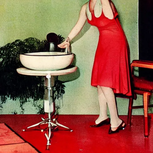 Image similar to color photo on vintage film stock of 1930s model on her hands and knees, lapping up milk from a bowl on the floor of an art deco mansion. There are red curtains in the distance and soft pools of light illuminating her and the surroundings.