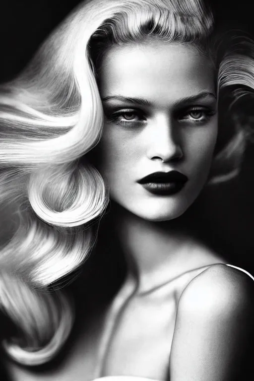 Image similar to stunning award - winning portrait by peter lindbergh of a beautiful young blonde woman. vintage hollywood glamour. long shiny wavy hair. movie star makeup. vogue. fashion photography. sharp focus. canon 5 0 mm.