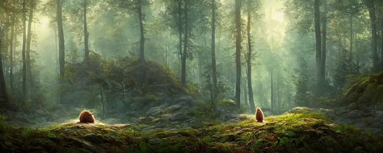 Image similar to an Hedgehog standing in the forrest, beautiful dynamic lighting, cinematic, wide angle establishing shot, extremely high detail, photo realistic, cinematic lighting, post processed, concept art, artstation, matte painting, style by frederic church, raphael lacoste, unreal engine 8k