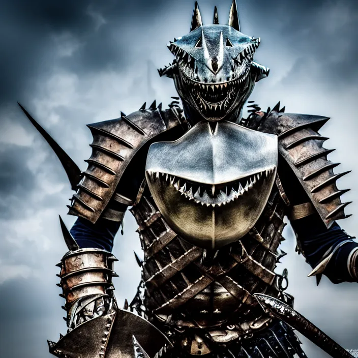 Image similar to photo of a warrior with metal shark themed armour, highly detailed, 4 k, hdr, smooth, sharp focus, high resolution, award - winning photo