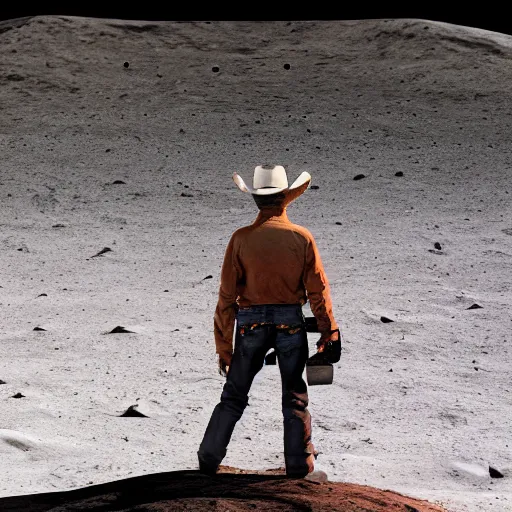 Image similar to cowboy standing on the moon, planet earth background, photorealistic, octane render, blender render, unreal engine, 3 5 mm