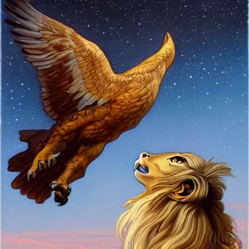 Image similar to a realistic oil painting of a winged lion's body with an eagle!! head, at sunset with a sky full of stars, highly detailed, trending on artstation, by james gurney and michael whelan and krenz cushart and alphonse mucha