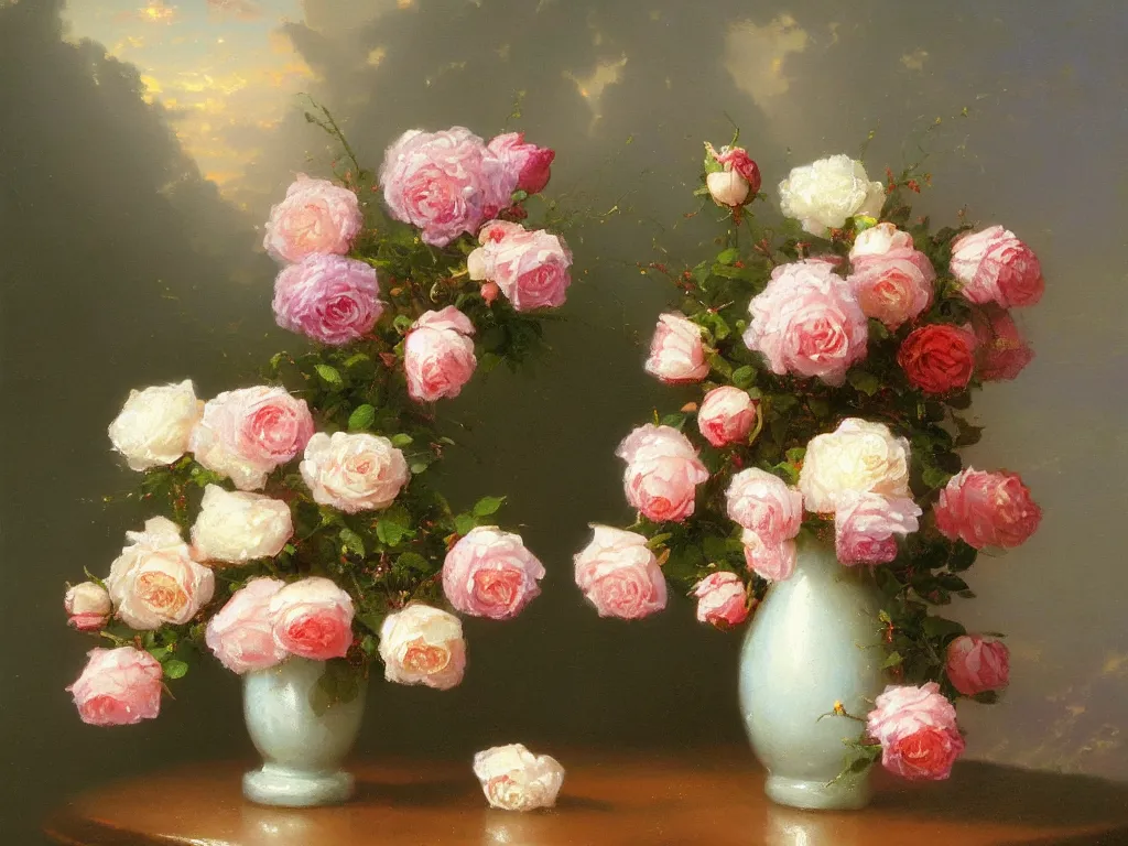 Prompt: one vase with brier roses, style thomas kinkade