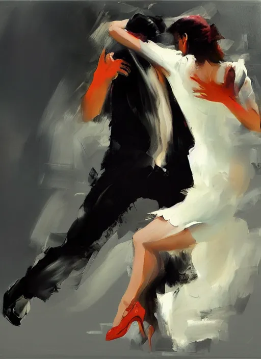 Prompt: sensual tango dancer girl in white dress, painting by phil hale, fransico goya, action lines, graphic style, visible brushstrokes, motion blur, blurry, visible paint texture, crisp hd image