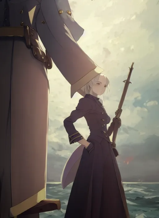 Image similar to portrait of lady maria, helm of second world war warship in background, illustration concept art anime key visual trending pixiv fanbox by wlop and greg rutkowski and makoto shinkai and studio ghibli and kyoto animation, symmetrical facial features, shoulder eyes, astral witch clothes, dieselpunk, realistic anatomy, gapmoe yandere grimdark, volumetric lighting, backlit