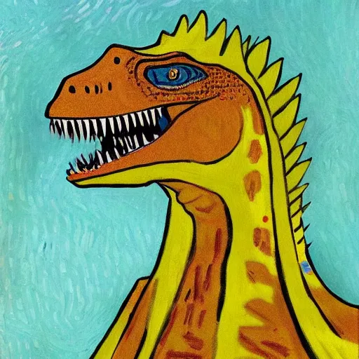 Image similar to dinosaurs tribe painted by van gogh