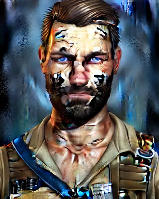 Image similar to portrait of muscular, tired and alcoholic 3 0 - year - old handsome man with short darkblonde hair, serious sad look in his eyes, dirty beard, blue eyes, wearing dirty soldier uniform, on the desert, hyper realistic face, beautiful eyes, character art, art by mark brooks, hyperdetailed, cryengine, trending on artstation, digital art