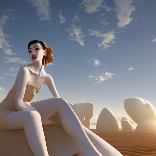 Image similar to innovative avant-garde art, deco fashion, japanese women, white theme, highly detailed, photorealistic portrait, serene desert setting, golden hour, crisp quality and light reflections, unreal engine 5 quality render