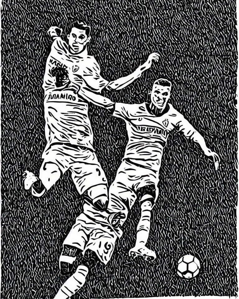 Image similar to a detailed lifelike linocut engraving of ronaldo fenomeno