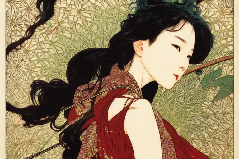 Image similar to beautiful cinematic fantasy poster, asian woman side view using a bokken in forest ; intricate complexity, by shigenori soejima, krenz cushart, alphonse mucha, takato yamamoto, conrad roset, 4 k, beautiful, high quality - h 9 6 0