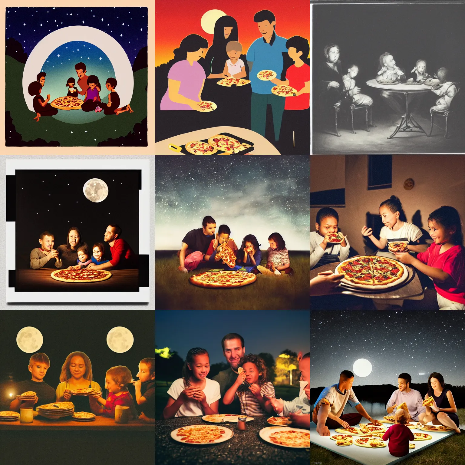 Prompt: “photograph of a family of 6 eating pizza on a moonlit night”