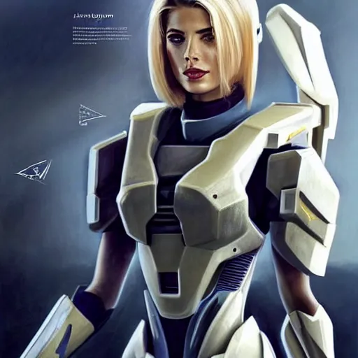 Prompt: A combination of Adriana Dxim's and Grace Kelly's and Ashley Greene's appearances with blonde hair wearing Forerunner armor from Halo, high tech, action shot, angular, full body portrait, futuristic, dramatic, fantasy, intricate, elegant, highly detailed, artstation, matte, sharp focus, 8K, art by Artgerm and Greg Rutkowski and Alphonse Mucha