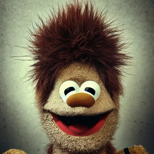 Image similar to a still of a forgotten muppet character looking very manly and modern, hilarious, laughing, hairy chest, huge chin, manly monster tough guy, roughled fur, photo real, photographic, photograph, artstation, trending, featured