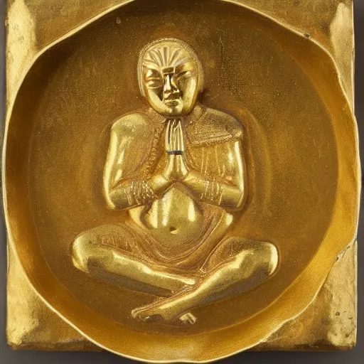 Prompt: gold disc embossed with the image of a human figure that represents a shamanic practitioner in the throes of spiritual ecstasy, ad 5 0 0 - 1 1 0 0