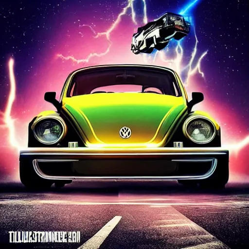 Image similar to back to the future with a volkswagen beetle, movie poster, epic lighting, eighties, sci - fi, artistic