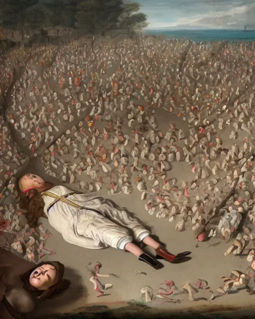 Image similar to the body of gulliver, a young man from the early 1 7 th century, lies unconscious on a lilliputian beach, surrounded by thousands of tiny lilliputians wearing strange clothes. gulliver is dressed in early 1 7 th century male clothing designed in the style of sandy powell. hyperreal and cinematic, trending on artstation, gulliver ’ s travels