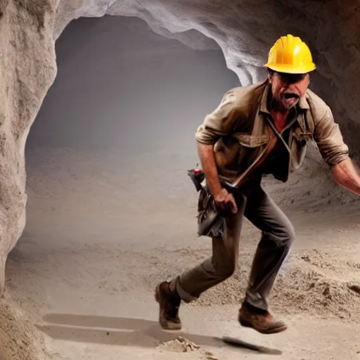 Image similar to indiana jones running away from a construction worker in a cave