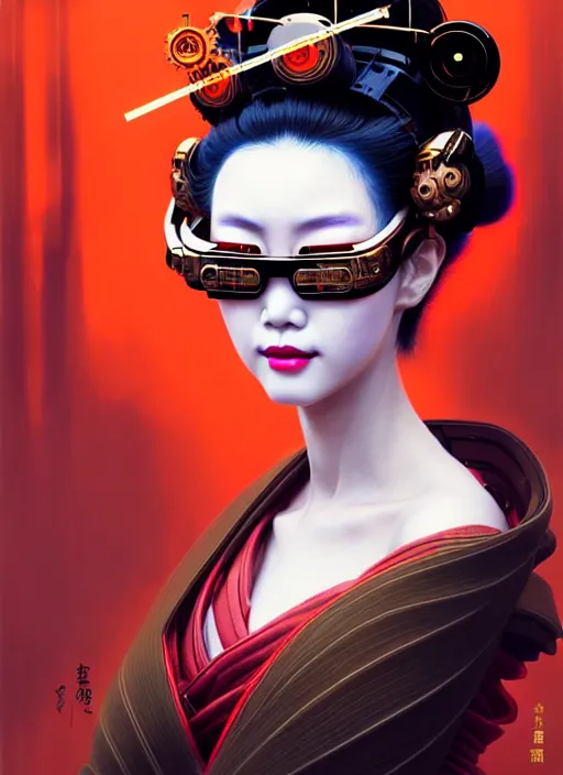 Prompt: sensual japanese geisha wearing vr eyewear, robotic, android, cyborg, cyberpunk face, steampunk, fantasy, intricate, elegant, highly detailed, colorful, vivid color, digital painting, artstation, concept art, art by artgerm and greg rutkowski and ruan jia,