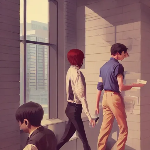 Image similar to human people walking among employee in an office, highly detailed,, artstation hd, deviantart, by madgwick,, greg rutkowski, artgerm, takato yomamoto, ilya kuvshinov, ross tran, conrad roset