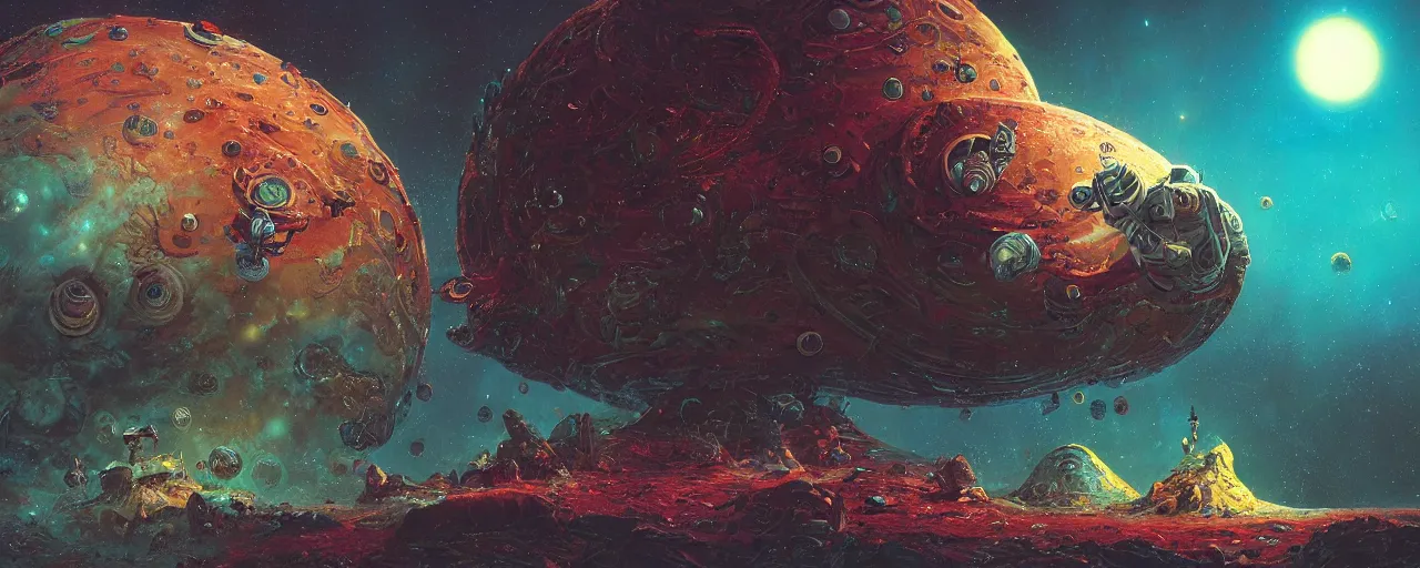 Image similar to ” outer planet with strange and mysterious eggs and larvae, [ art by paul lehr, cinematic, detailed, epic, widescreen, opening, establishing, mattepainting, photorealistic, realistic textures, octane render ] ”