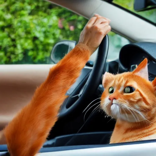 Image similar to an anthropomorphic orange tabby cat driving a car