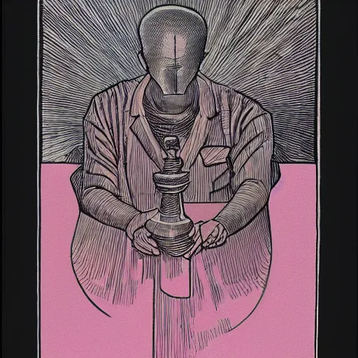 Image similar to a person with a chess piece for a head, by moebius