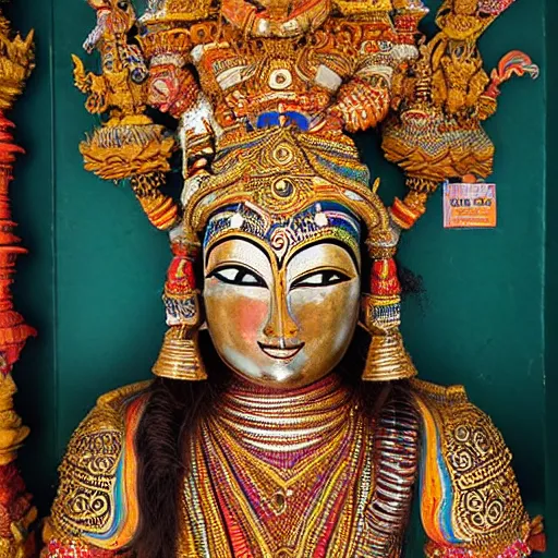 Image similar to a woman wearing an armor and head - dress. the armor and head - dress is made out of the colors, textures and sculptures of the meenakshi temple in madurai. intricate. detailed.