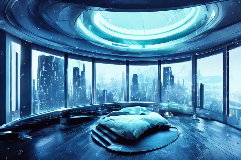 Image similar to a futuristic bedroom with large curved ceiling high windows looking out to a far future cyberpunk cityscape, cyberpunk neon lights, raining, scifi