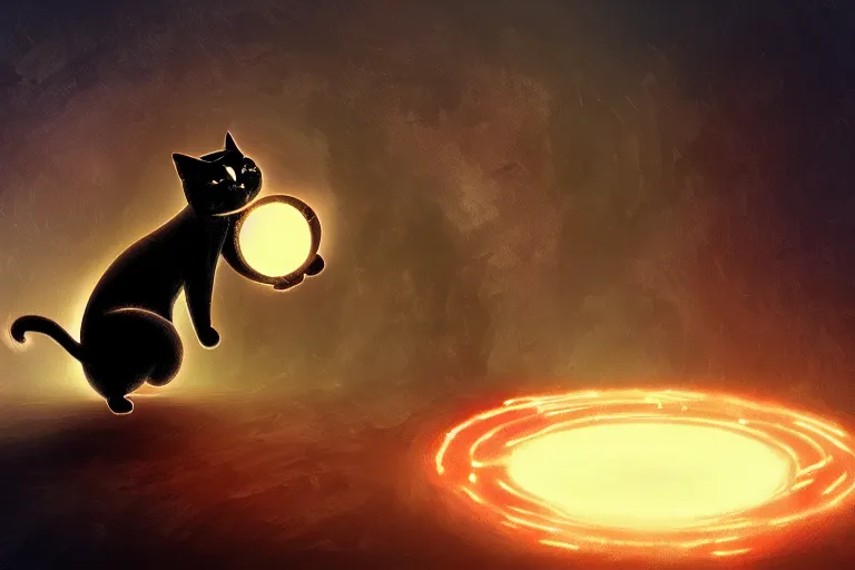 Prompt: black cat with glowing eyes opening a portal to another dimension, digital illustration, artstation, artstation hq, hd