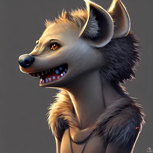 Image similar to character concept art of a male anthropomorphic furry hyena | | cute - fine - face, pretty face, key visual, realistic shaded perfect face, fine details by stanley artgerm lau, wlop, rossdraws, james jean, andrei riabovitchev, marc simonetti, and sakimichan, trending on artstation