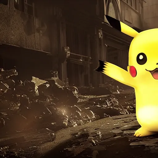 Image similar to pikachu in Gears of War, splash art, movie still, cinematic lighting, dramatic, octane render, long lens, shallow depth of field, bokeh, anamorphic lens flare, 8k, hyper detailed, 35mm film grain