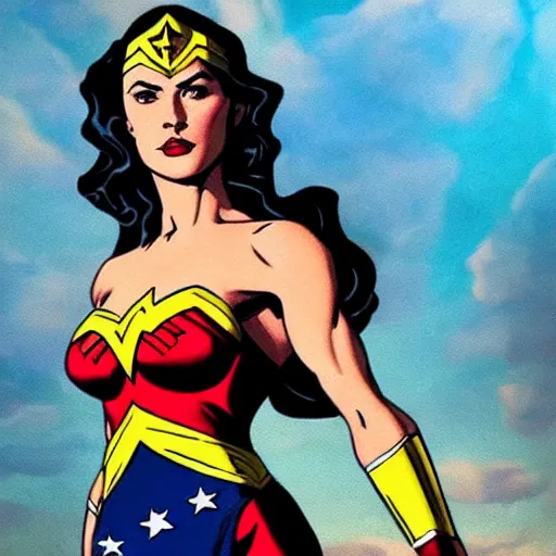 Prompt: Wonder Woman from Justice League movie with athletic body, frank frazetta painting