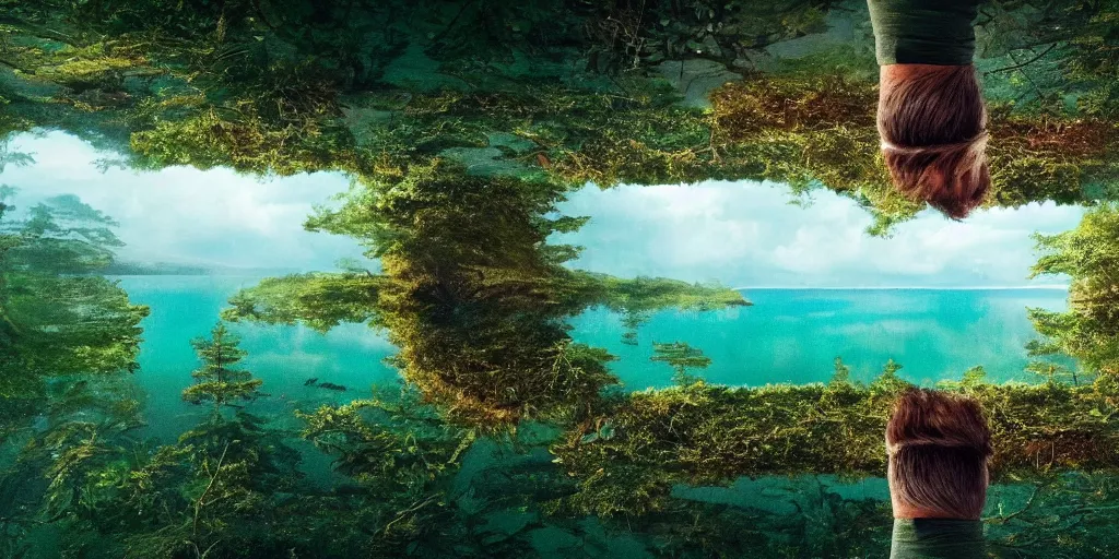 Image similar to a very high resolution image from a new movie, upside - down building, forest, sea, sky, mirror, beautiful scenery, photorealistic, photography, directed by wes anderson