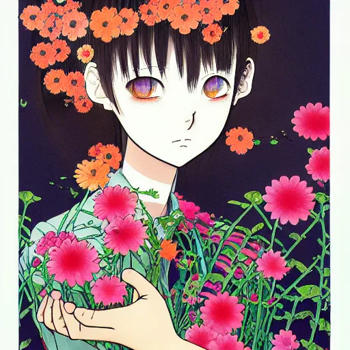 Image similar to prompt: Fragile portrait of singular persona covered with flowers illustrated by Katsuhiro Otomo, inspired by Evangeleon anime, smaller attributes, eyepatches, illustrative gouache style, intricate ink and gouache painting detail, manga and anime 1990