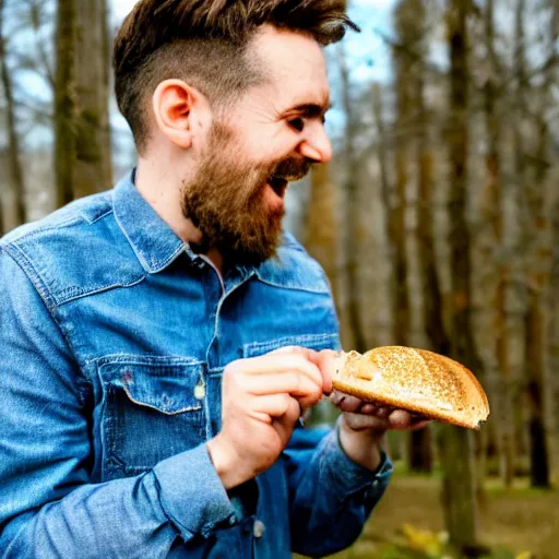 Prompt: Man happily eating moldy stale bread covered in fungus