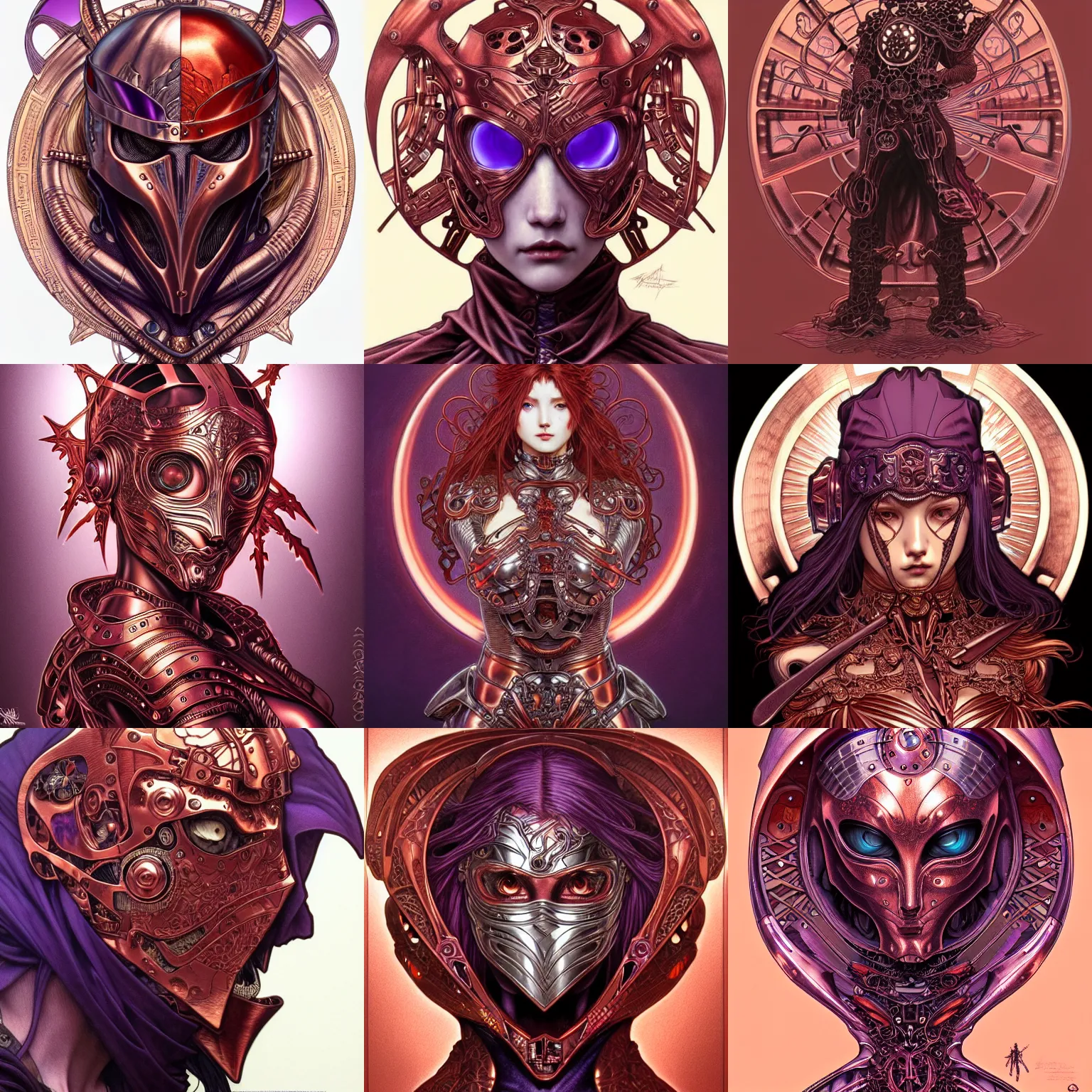 Prompt: metalhead, by artgerm, kentaro miura, alphonse mucha, detailed, intricate details, copper and violet red colorscheme, trending on artstation, hd, masterpiece