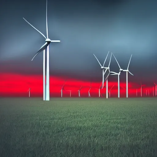 Prompt: ominous wind farm. many huge futuristic cyberpunk wind turbine. red fog. blue dramatic lighting. realistic. wide lens