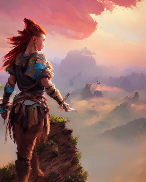 Prompt: painting of aloy from horizon zero dawn standing on a cliff with massive clouds in the distance, long loose red hair, view from behind, intense colors, visible paint, by loish, by wlop