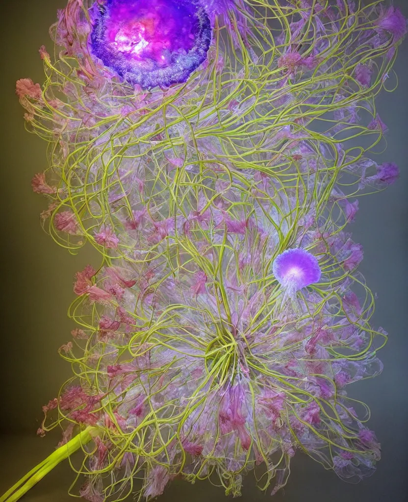 Prompt: a giant flower made out of chakra, giant gladiola and jellyfish chakra in a giant mycelium fungus, translucent, plasma, energy flow. highly detailed, excellent composition