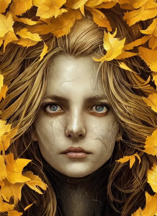 Image similar to golden leaves at frame border, creative!!! composition for a book cover!!!, absurdly beautiful, ultrafine hyperrealistic detailed old witch face by wlop and artgerm and greg rutkowski, intricate linework, sharp focus, smooth, octopath traveler, final fantasy, unreal engine, dramatic lighting, ethereal, 8 k