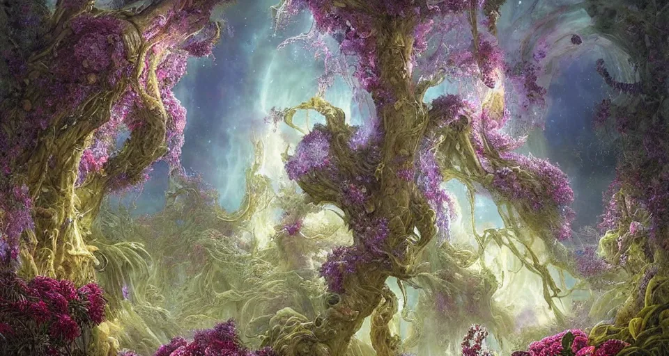 Image similar to a large alien shrine shrouded by mystic nebula magic in a field of flowers, ferdinand knab, breath - taking beautiful flowers, streams, nebula, and mist, an aesthetically pleasing, dynamic, energetic, lively, complex, intricate, detailed, well - designed digital art of magic, streams, flowers, and mist, early morning, light and shadow