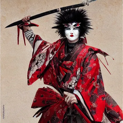 Image similar to an epic portrait of insane kabuki male wielding a spear covered in a distorting aura, intricate hakama, poofy red wig, eerie, highly detailed, dark fantasy, shallow depth of field, art by artgerm and greg rutkowski