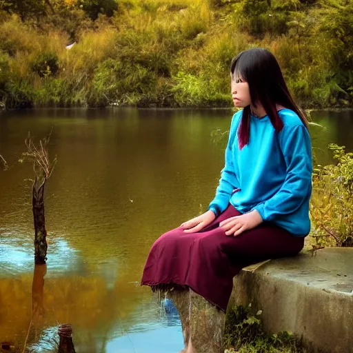 Prompt: young woman, wearing Inka clothes, sad expression, sitting at a pond, mountainous area, trees in the background, trending on artstation