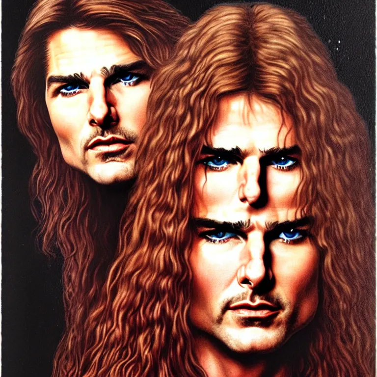 Image similar to Pre-Raphaelite portrait of Tom Cruise as the leader of a cult 1980s heavy metal band, with very long blond hair and grey eyes