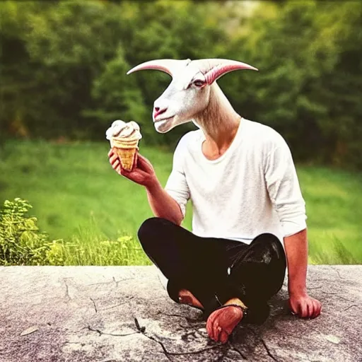 Prompt: “ goatman eating ice cream, summertime, hyperrealistic ”