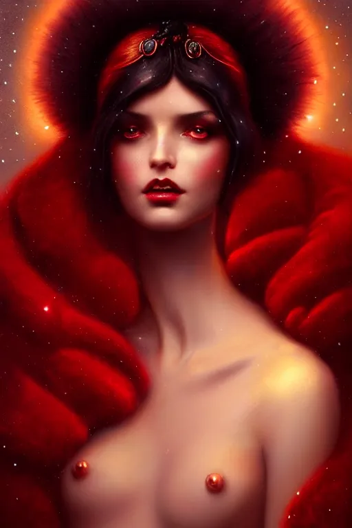 Image similar to Nocturne, glowing, stars, a portrait of a beautiful female shadow djinn creature with long fur collar, highly detailed, mysterious, ethereal, dressed in red velvet, haute couture, illustration, dramatic lighting, soft details, painting, by Edmund Blair Leighton, Brom, Charlie Bowater, trending on artstation, faces by Tom Bagshaw, otto schmidt